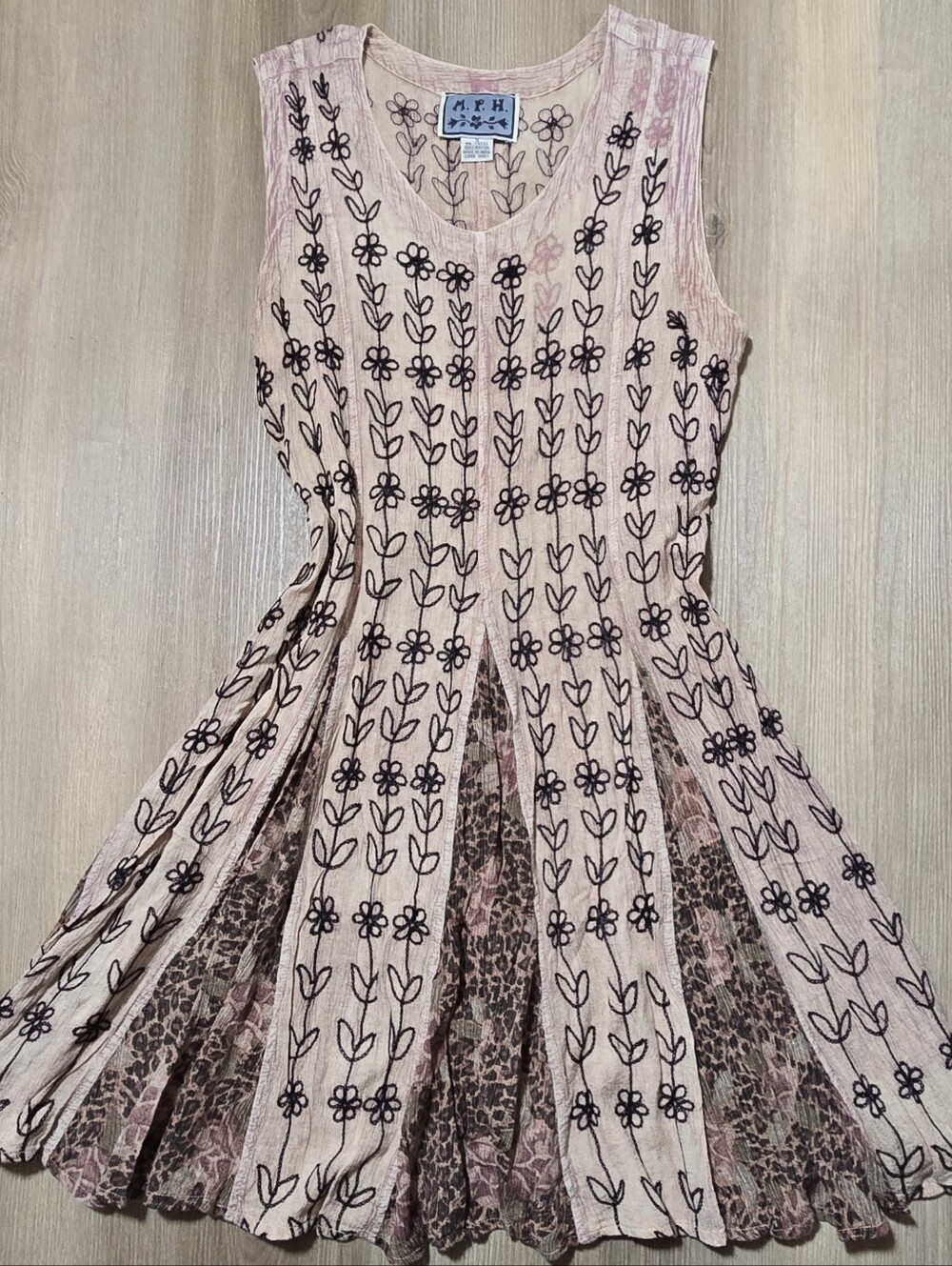Vintage Pink Floral & Black Embroidered Midi Dress